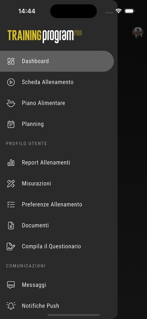 Training Program PRO - Main navigation menu of the Training Program PRO app showing workout plans and user profile options