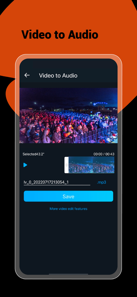 Interface of the Music Editor app showing the video to audio conversion tool with a concert video preview.