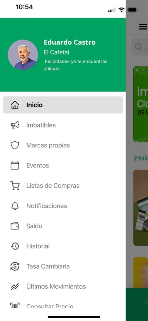 Automercados Plaza's - Main menu of the Automercados Plazas mobile app showing user profile and navigation options