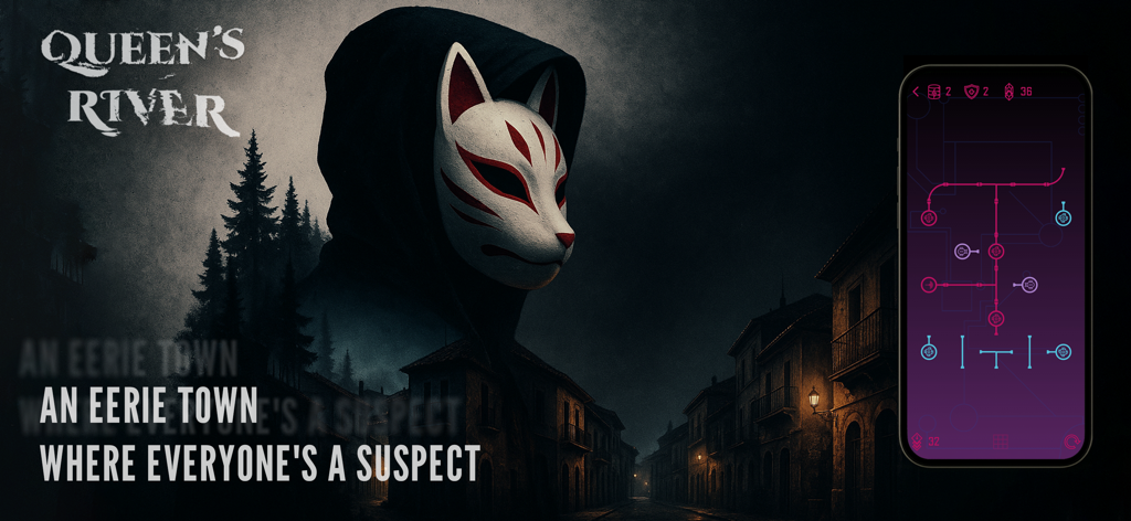 Queen’s River: Mystery Game - Imagem promocional do Jogo de Mistério Queen's River com uma figura mascarada e uma interface de hacking de smartphone.
