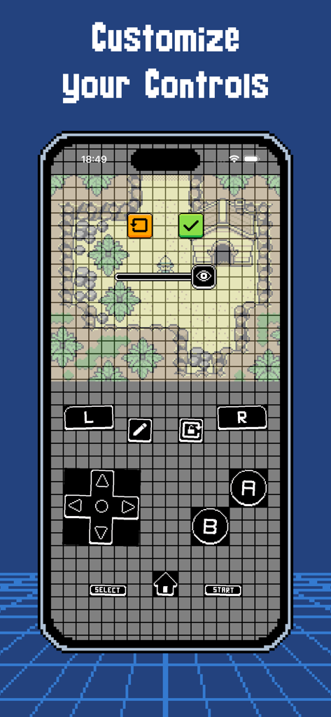 Interfaz de ArcEmu mostrando botones personalizables del controlador de juego virtual en un iPhone
