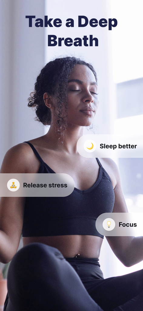 A woman meditating with text highlighting benefits for sleep stress release and focus
