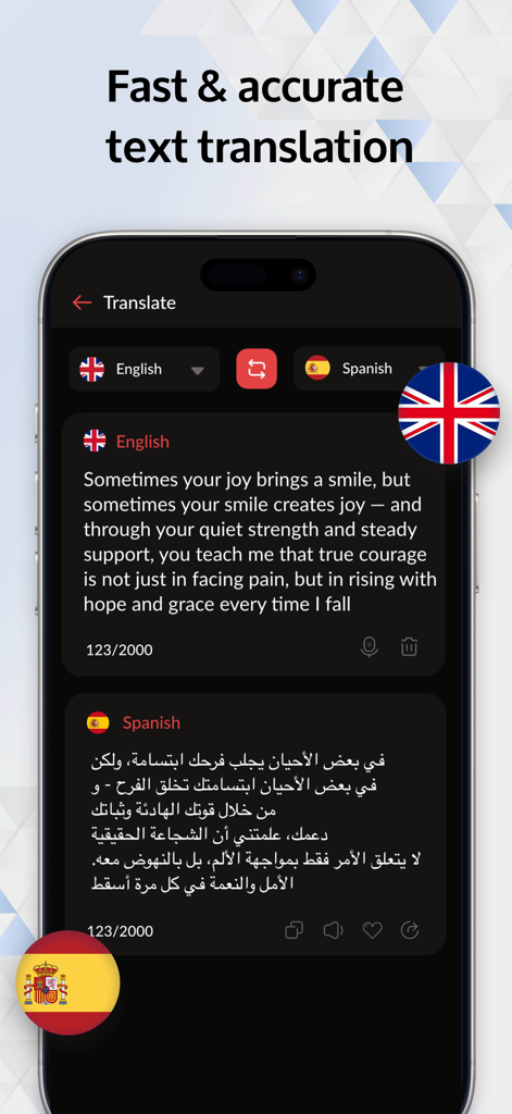 Translator - AI Translate - Smartphone-Bildschirm zeigt die Textübersetzungsoberfläche der Übersetzer KI-App mit englischen und spanischen Sprachoptionen