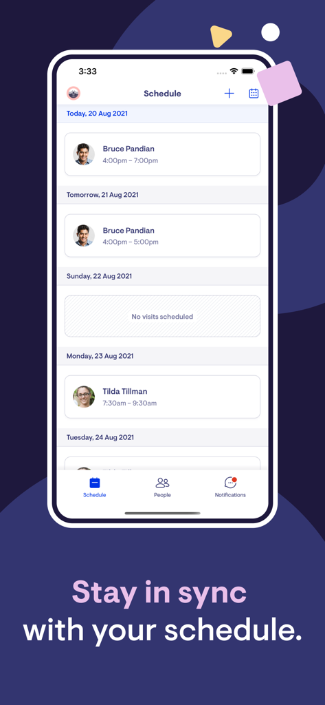 Lookout - A mobile screen from the Lookout app showing a weekly care visit schedule with staff names and times