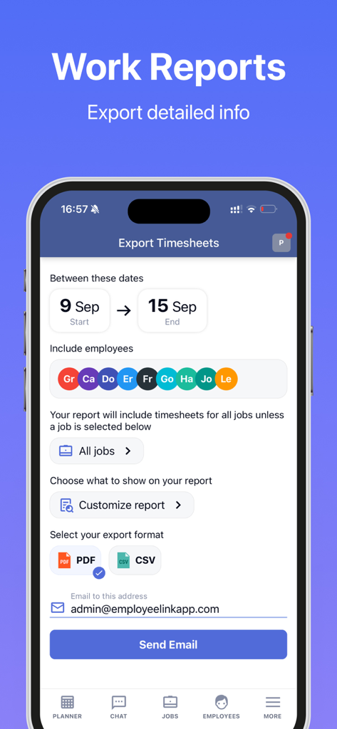 Employee Link app screen showing options to export detailed work reports and employee timesheets to PDF or CSV format