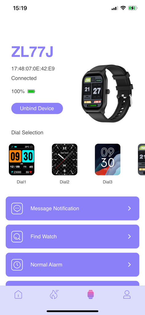 TechWear - TechWear app interface displaying connected smartwatch details and watch face options