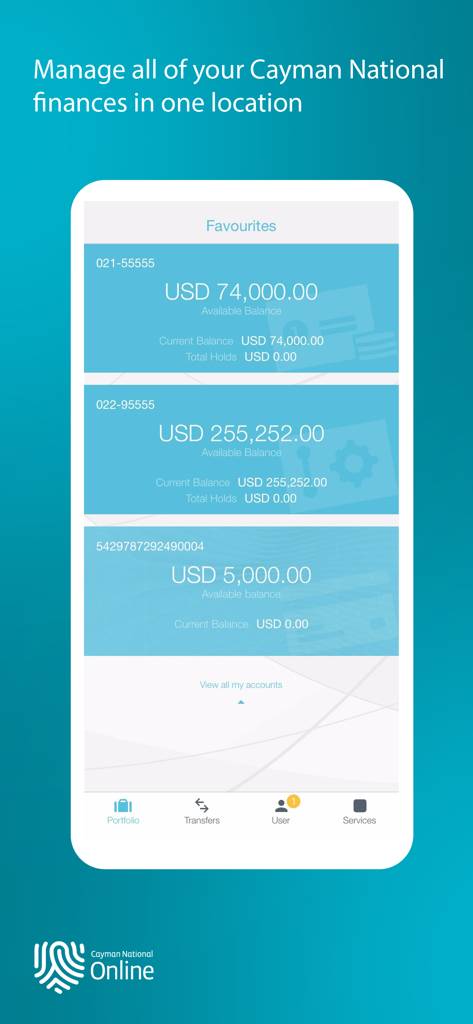 Cayman National - Cayman National mobile banking app dashboard showing multiple account balances in USD.
