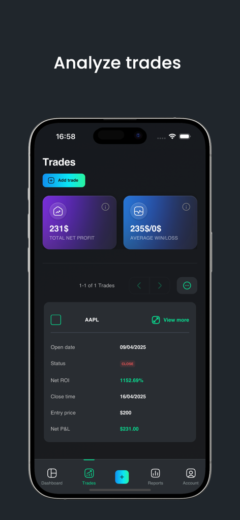 TradeReview: Trading Journal - TradeReview app interface showing a detailed trade log with performance metrics including total net profit and individual trade ROI