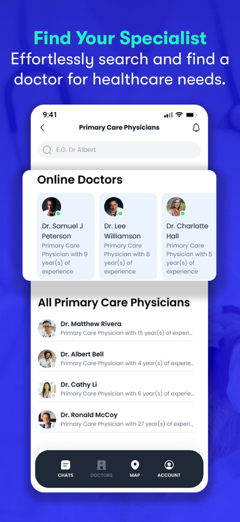 Schermata dell'app CureMe che mostra l'interfaccia per la ricerca e la ricerca di medici di base online.