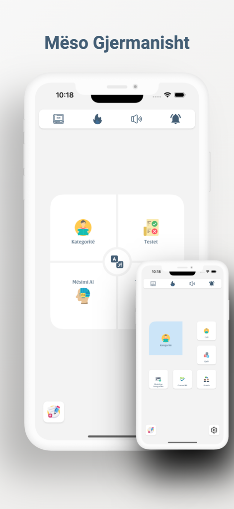 Pantalla de inicio de la aplicación Aprende Alemán que muestra categorías de aprendizaje de IA y pruebas para hablantes de albanés
