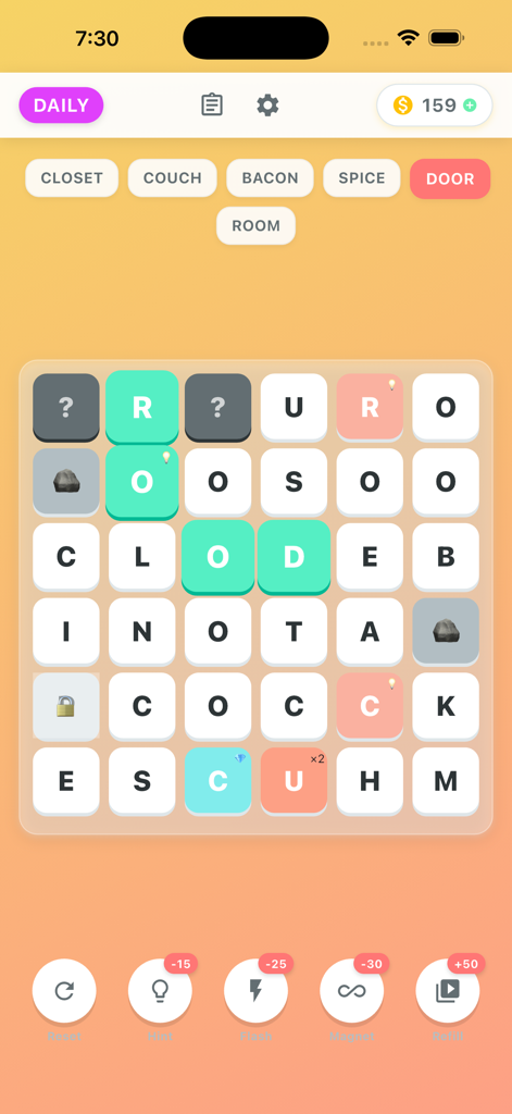 Word Search Link gameplay showing a letter grid with word clues and obstacle blocks in a zen interface