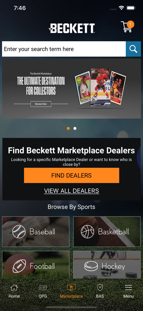 Tela inicial do aplicativo Beckett Mobile com categorias de cards esportivos e ferramenta de busca de vendedores no mercado