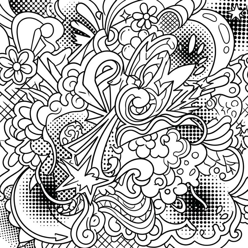 Immerse yourself in this dynamic Abstract Art coloring page, bursting with the energy and bold aesthetics of Pop Art. Featuring intricate patterns and halftone details, it's a vibrant journey into non-representational creativity.