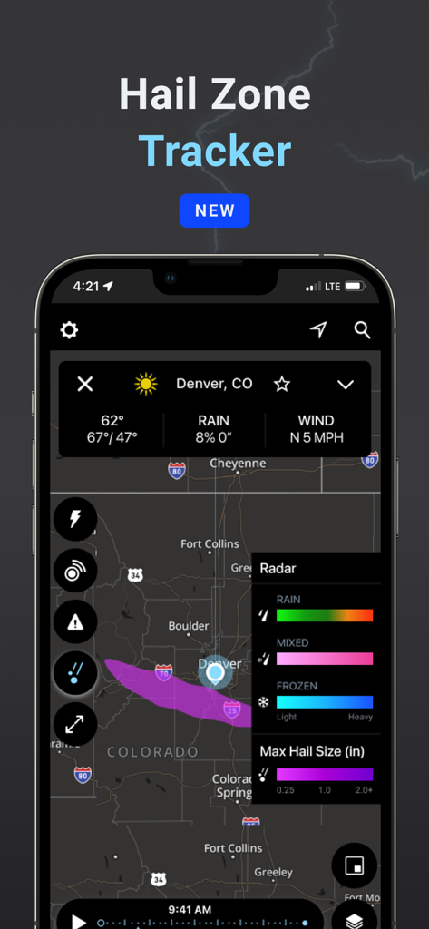 Storm Radar: Weather Tracker - Rastreador de Zonas de Granizo en la aplicación Storm Radar que muestra datos de tamaño de granizo en tiempo real en un mapa de Denver Colorado