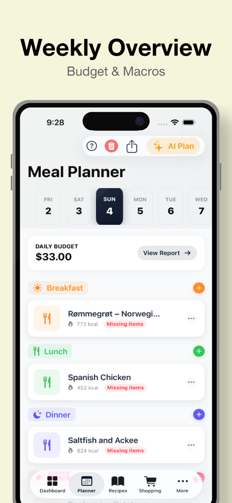 Tela do planejador de refeições mostrando um orçamento diário de trinta e três dólares e um menu programado para café da manhã, almoço e jantar.