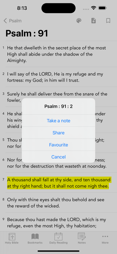 KJV Bible: King James Version - KJV Bible app screen displaying Psalm 91 with a highlighted verse and a popup menu for notes and sharing.