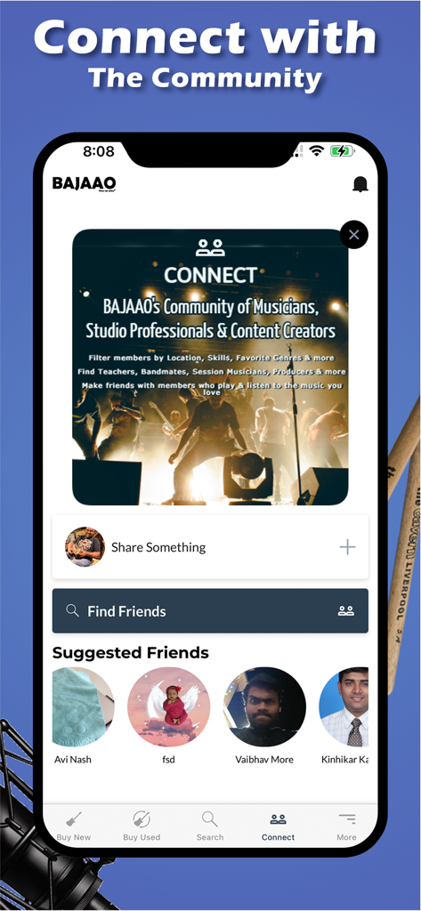 뮤지션들이 연결하고 밴드 동료를 찾을 수 있는 BAJAAO 모바일 앱 인터페이스