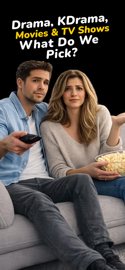 MovieRulz Find Movies Together - A young couple sitting on a couch with popcorn and a remote looking confused about what to watch.