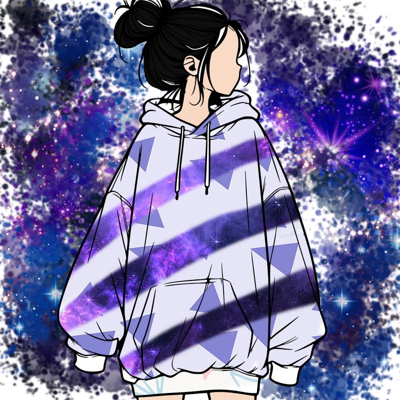 realistic girl with a oversized sweatshirt on and a bun