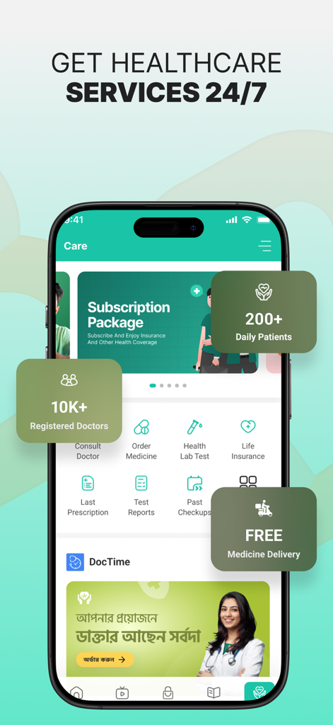 MyBL - MyBL app interface showing 24/7 healthcare services with doctor consultations and medicine delivery