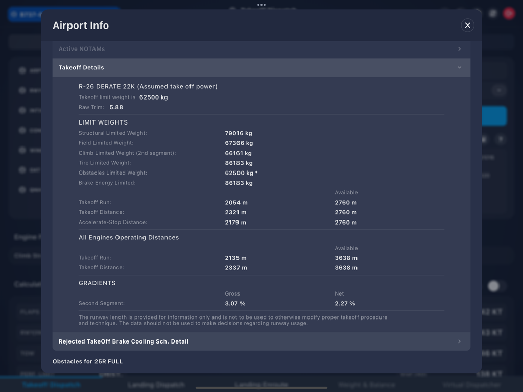 Detailed takeoff performance data and weight limits screen in the Virtual Performance Tool app