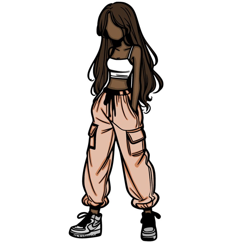 girl in baggy pants crop top and long hair