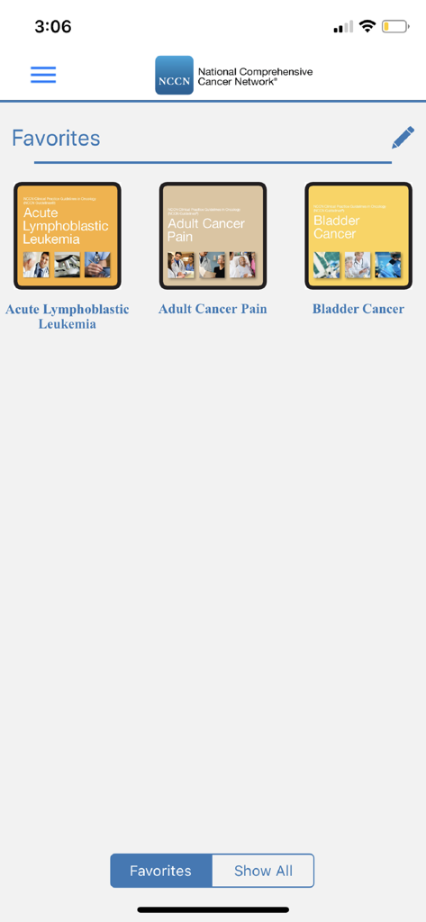 NCCN Guidelines® - The Favorites screen of the NCCN Guidelines app featuring medical protocols for leukemia cancer pain and bladder cancer