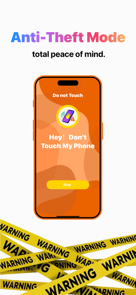 ClapTrack : Clap to Find Phone - Smartphone-Bildschirm mit einer Diebstahlschutz-Warnmeldung mit dem Text Don't Touch My Phone
