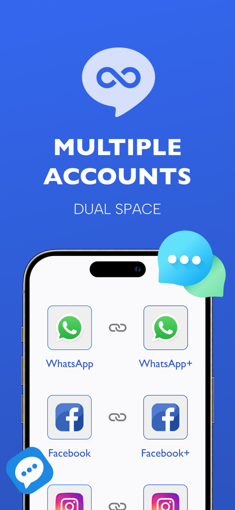 Parallel Space – Dual Accounts - iPhone上のParallel Spaceアプリインターフェイス。WhatsApp、Facebook、Instagramのデュアルアカウントが表示されています。