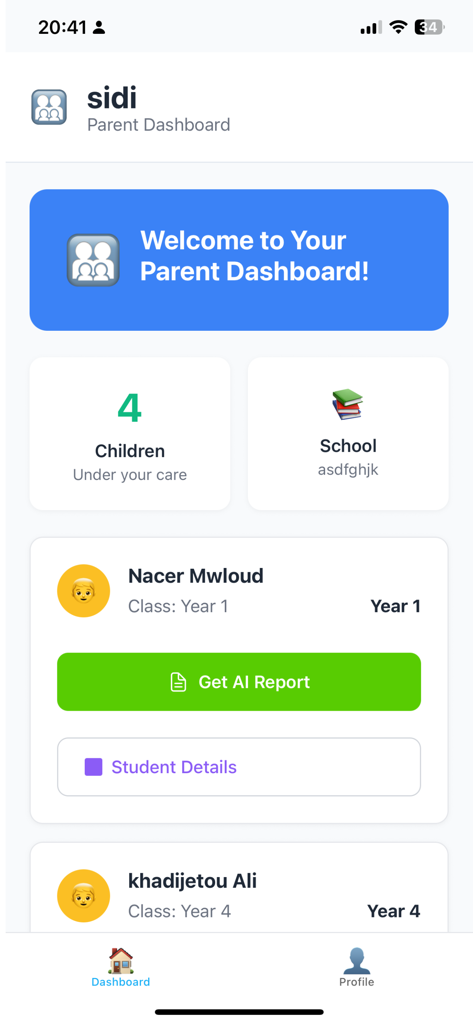 Tutori - Tutori parent dashboard showing student progress and AI reports