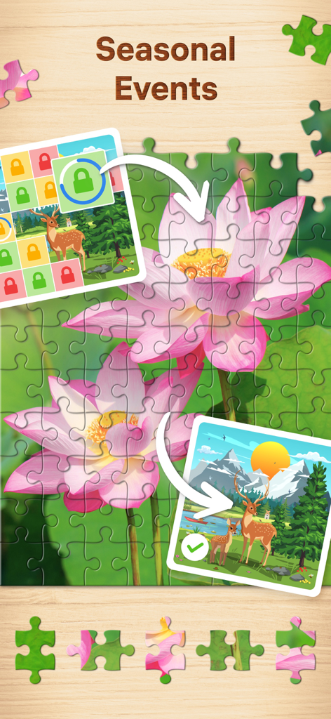 Seasonal events feature in Jigsaw Puzzles game featuring a pink lotus flower puzzle