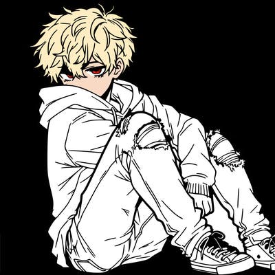a male hoddie ripped jeans messy hair anime