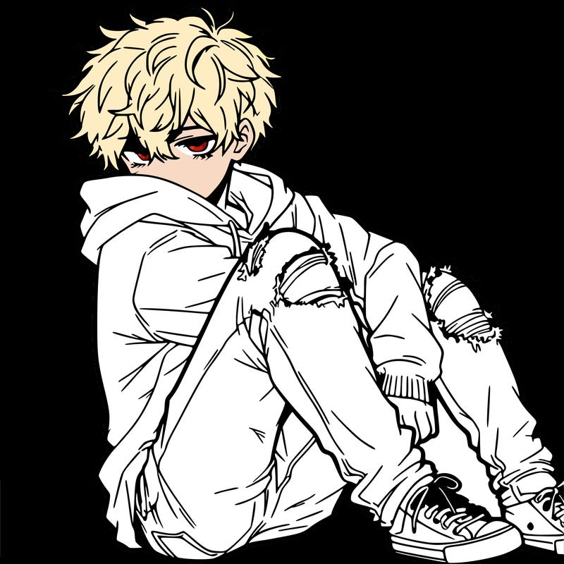 a male hoddie ripped jeans messy hair anime