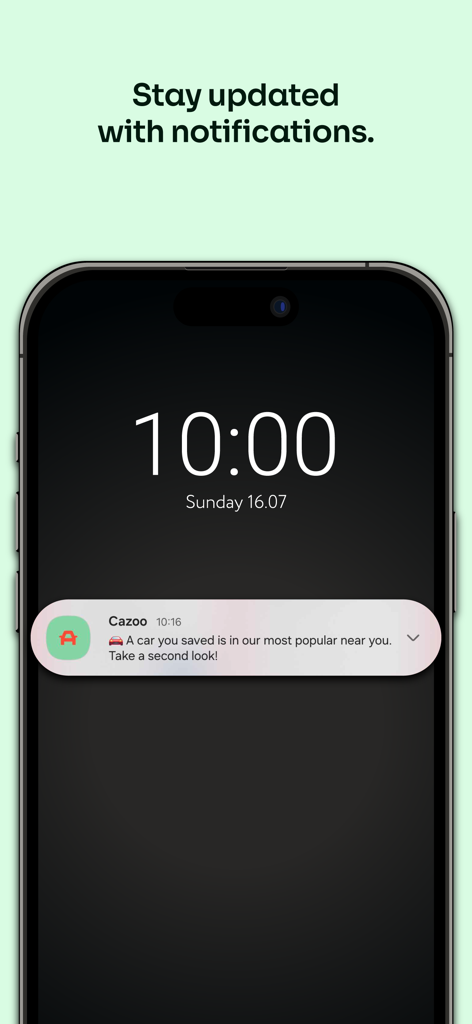 Cazoo: Buy Used Cars - Smartphone lock screen showing a push notification from the Cazoo app about a saved car