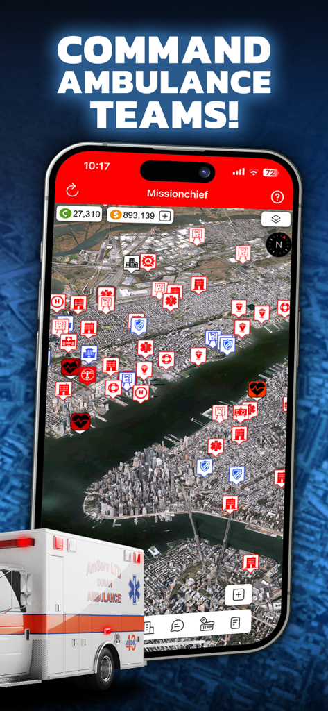 Mission Chief Fire Fighter 911 - Mission Chief app screen showing ambulance team management and emergency unit icons on a real world city map