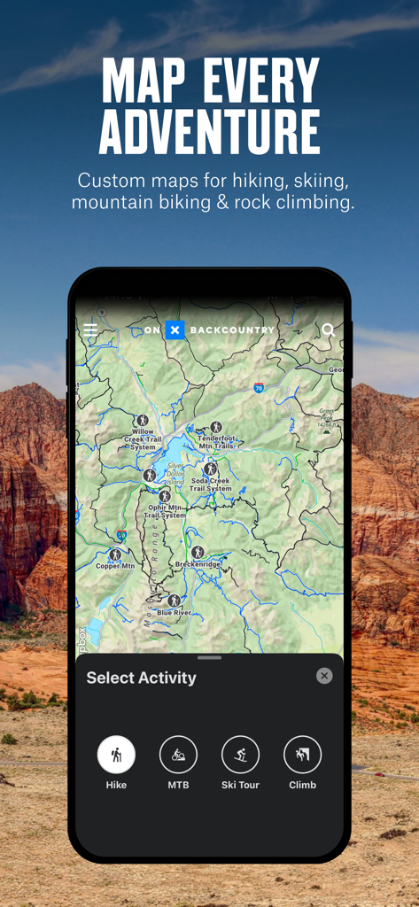 The onX Backcountry app showing a topographic map and activity selection menu for hiking, mountain biking, ski touring, and climbing.