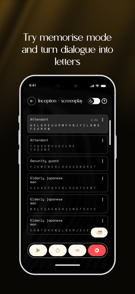 Acting pal: Learn lines - Acting Pal app screen showing memorize mode with screenplay dialogue converted to first letters