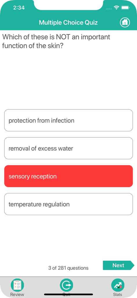 Anatomy : Integumentary System - 皮膚の機能に関する質問を表示する解剖学外皮系アプリの多肢選択式クイズ画面