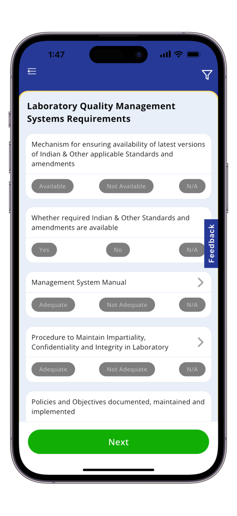 BIS Lab Audit - Audit checklist screen in the BIS Lab Audit app showing laboratory quality management systems requirements with various assessment options.