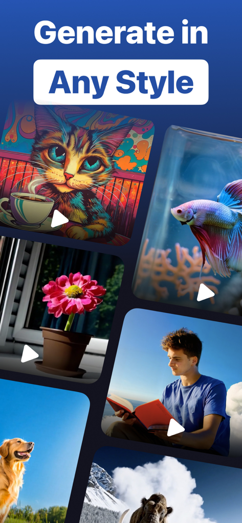 A showcase of different AI video generation styles including artistic animals and realistic people