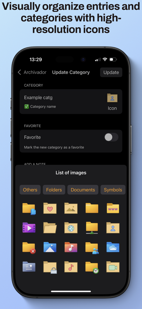Archivador - Una captura de pantalla de la aplicación Archivador mostrando varios iconos de carpetas para organizar entradas y categorías.