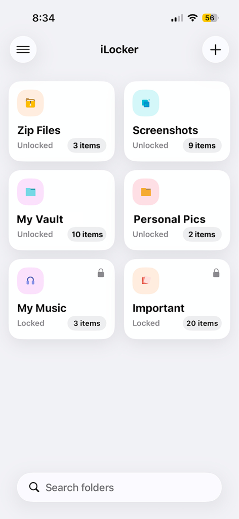 Lock it - Hide Photos, Files - Panel principal de la aplicación Lock it mostrando carpetas organizadas para fotos y archivos privados con estado de bloqueo