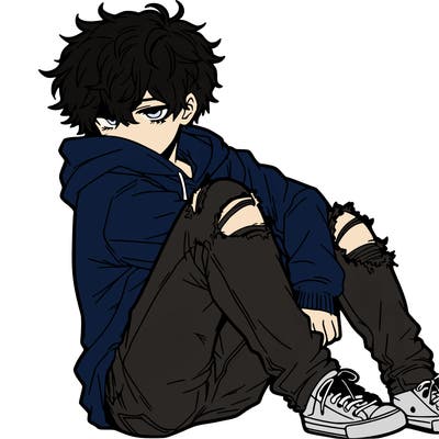 a male hoddie ripped jeans messy hair anime