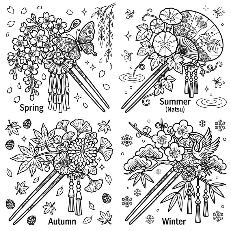 Explore the delicate artistry of Japanese Geisha Kanzashi hairpins, each designed to capture the beauty of a different season. This intricate coloring page invites you to celebrate spring, summer, autumn, and winter with your own creative flair.