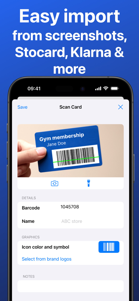 Barcodes: Loyalty Card Wallet - Barcodesアプリ内でジムの会員証をスキャンしているiPhone画面