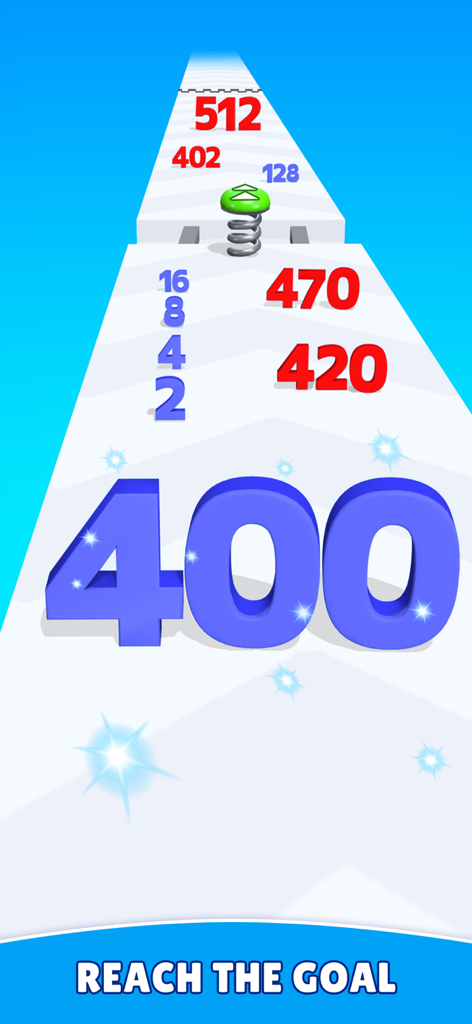 A blue number 400 moving on a track towards a goal in Number Merge Run