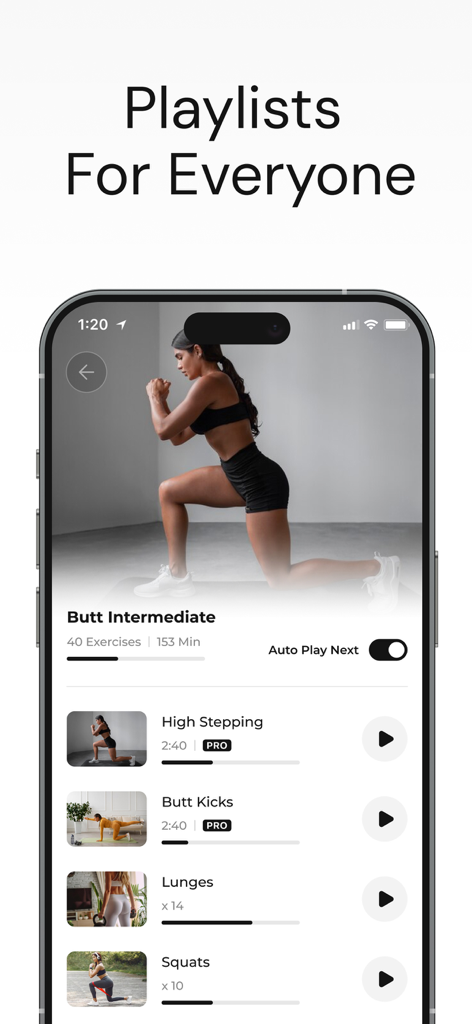 Butt Workout - BootyQ - Interfaz de la aplicación BootyQ que muestra una lista de reproducción de entrenamiento de glúteos intermedio con una lista de ejercicios de glúteos