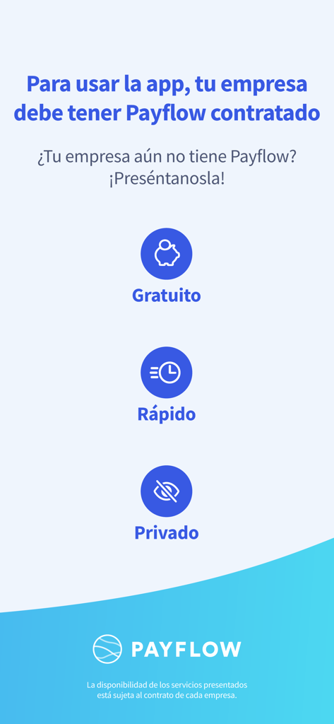 Payflow app features summary showing free fast and private benefits with employer registration details