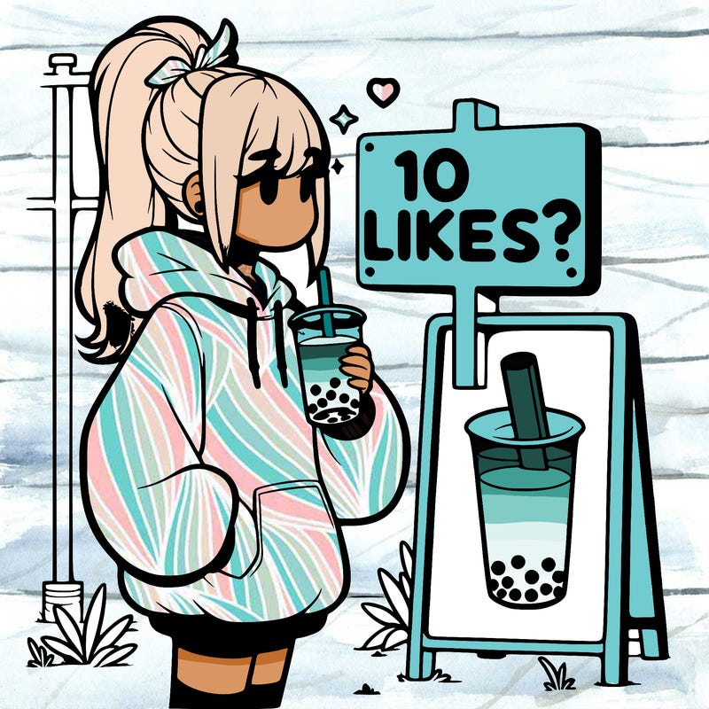 girl with oversized hoodie drinking boba and she has a high ponytail with a sign that says 10likes?
