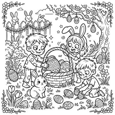 Dive into a wonderfully weird world where child zombies celebrate Easter! This unique coloring page combines spooky charm with festive egg hunting fun, perfect for those who love a twist on tradition.